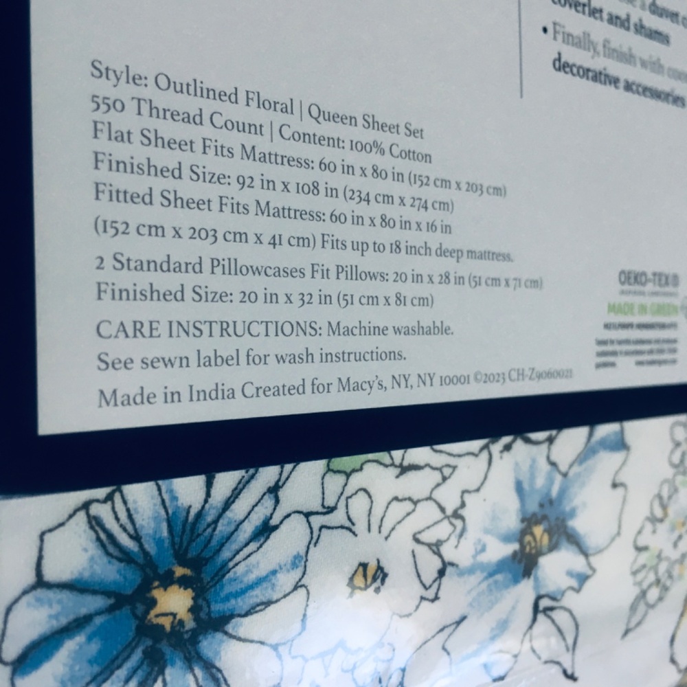 new Outlined Floral Cornflower Charter Club Solid 550 TC Cotton QUEEN Sheet Set - Picture 4 of 13